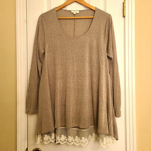 Umgee Long Sleeve Boho Tunic Top Heather Brown White Lace Layered Hem Size L